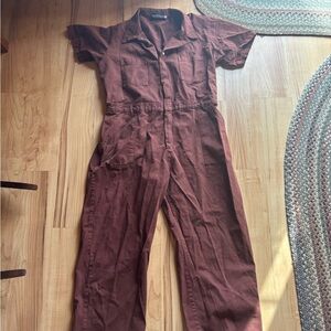 Brown Short Sleeve Jumpsuit with Zipper Closure and Relaxed Fit (Big Bud Press)